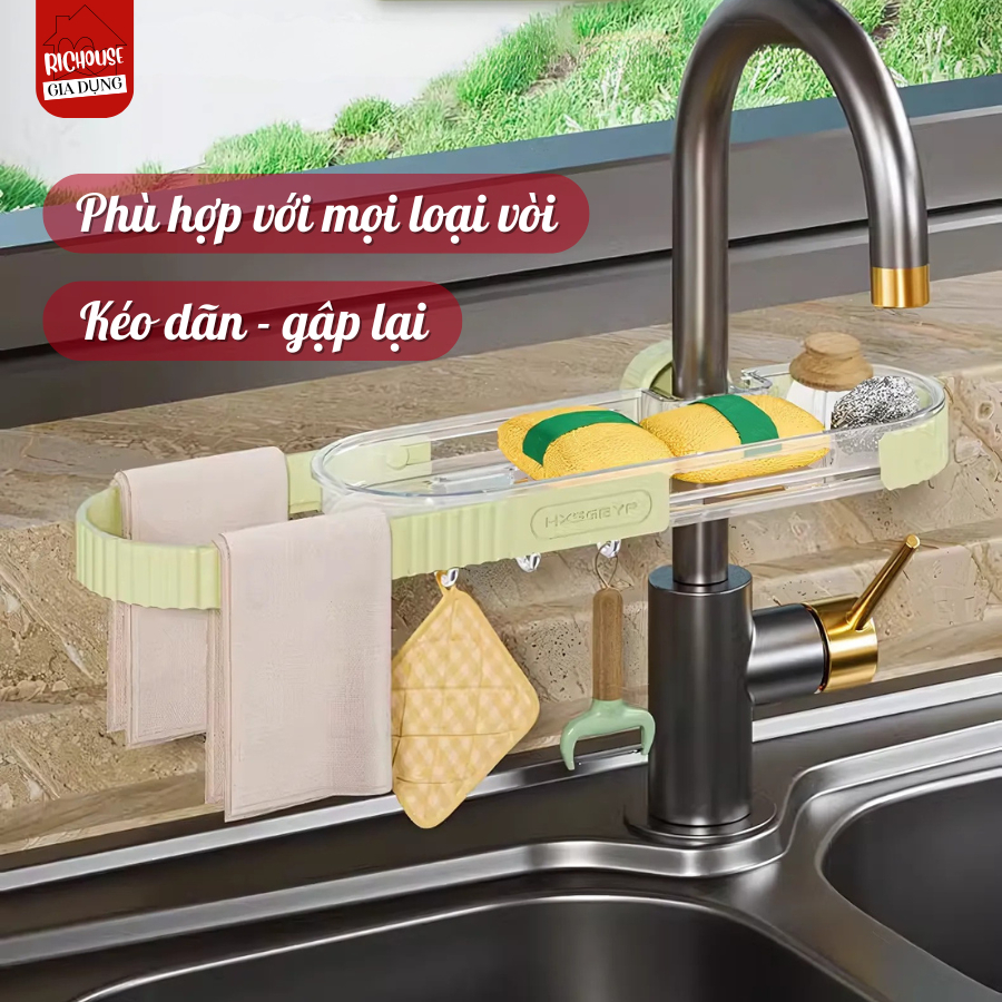 KỆ ĐỂ ĐỒ RỬA CHÉN BÁT GẮN VÒI NƯỚC TÍCH HỢP GIÁ TREO KHĂN, CÓ THỂ KÉO RA VÀ THU GỌN