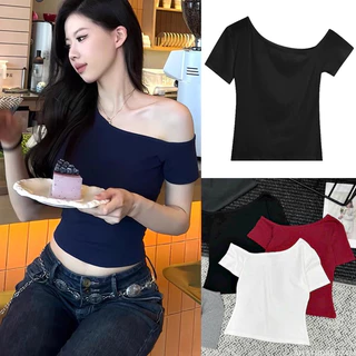 Áo Thun Nữ Ôm Lệch Vai Basic đơn giản vải Cotton 4 chiều Co Giãn QNT