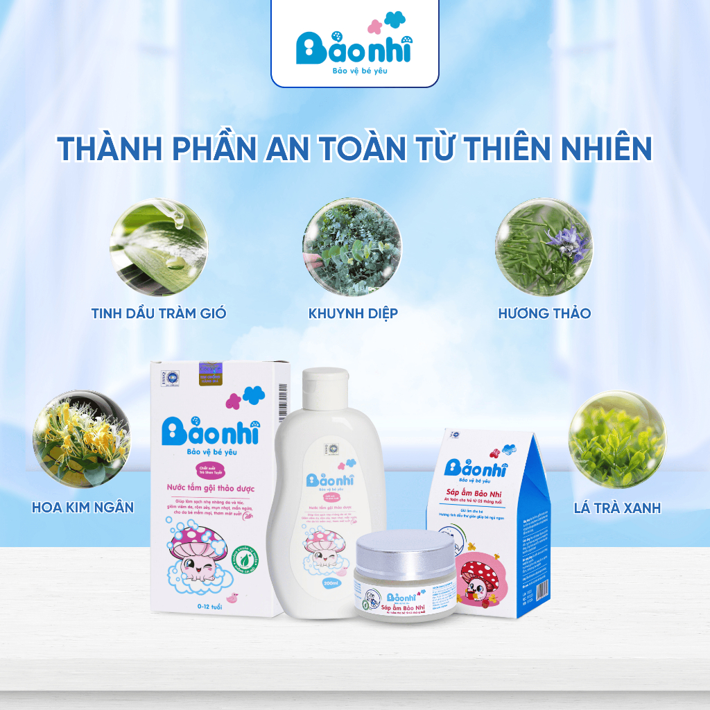 Combo Nước Tắm Gội Thảo Dược & Sắp Giữ Ấm Cho Bé Chăm Sóc Da Nhạy Cảm, Phòng Ngừa Rôm Sảy, Cảm Lạnh