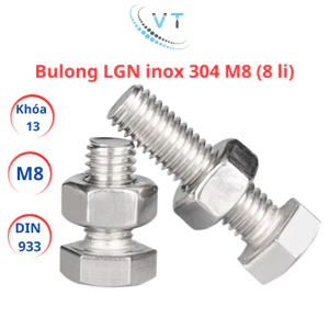 Bulong M8 Inox 304 Kèm Tán (Đai Ốc) - Lục Giác Ngoài 8 Li Đủ Size 10mm Đến 150mm Chống Gỉ Sét