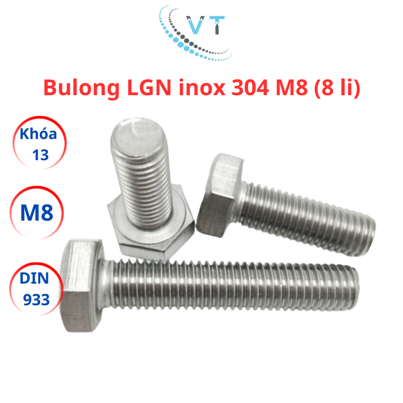 [Combo 10 Bộ] Bulong M8 Inox 304 Kèm Tán (Đai Ốc) - Lục Giác Ngoài 8 Li Đủ Size 10mm Đến 150mm Chống Gỉ Sét