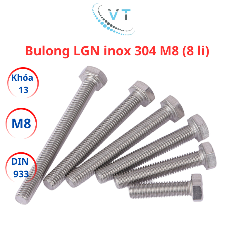 [Combo 10 Bộ] Bulong M8 Inox 304 Kèm Tán (Đai Ốc) - Lục Giác Ngoài 8 Li Đủ Size 10mm Đến 150mm Chống Gỉ Sét