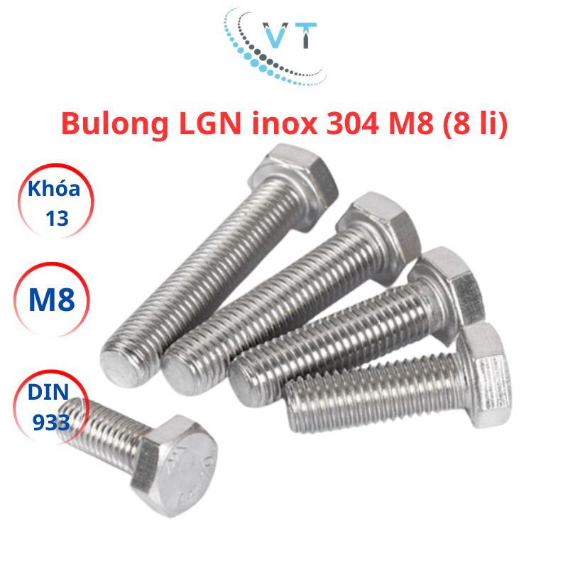 [Combo 10 Bộ] Bulong M8 Inox 304 Kèm Tán (Đai Ốc) - Lục Giác Ngoài 8 Li Đủ Size 10mm Đến 150mm Chống Gỉ Sét