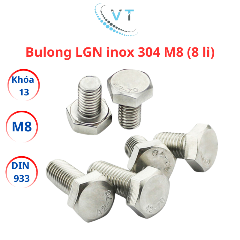 [Combo 10 Bộ] Bulong M8 Inox 304 Kèm Tán (Đai Ốc) - Lục Giác Ngoài 8 Li Đủ Size 10mm Đến 150mm Chống Gỉ Sét