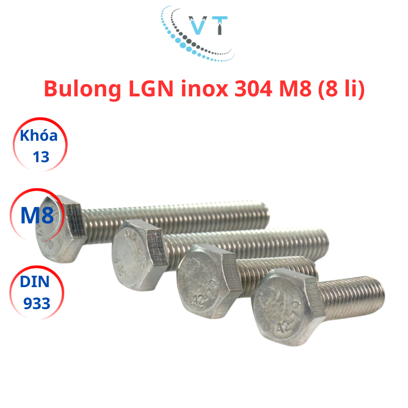 [Combo 10 Bộ] Bulong M8 Inox 304 Kèm Tán (Đai Ốc) - Lục Giác Ngoài 8 Li Đủ Size 10mm Đến 150mm Chống Gỉ Sét