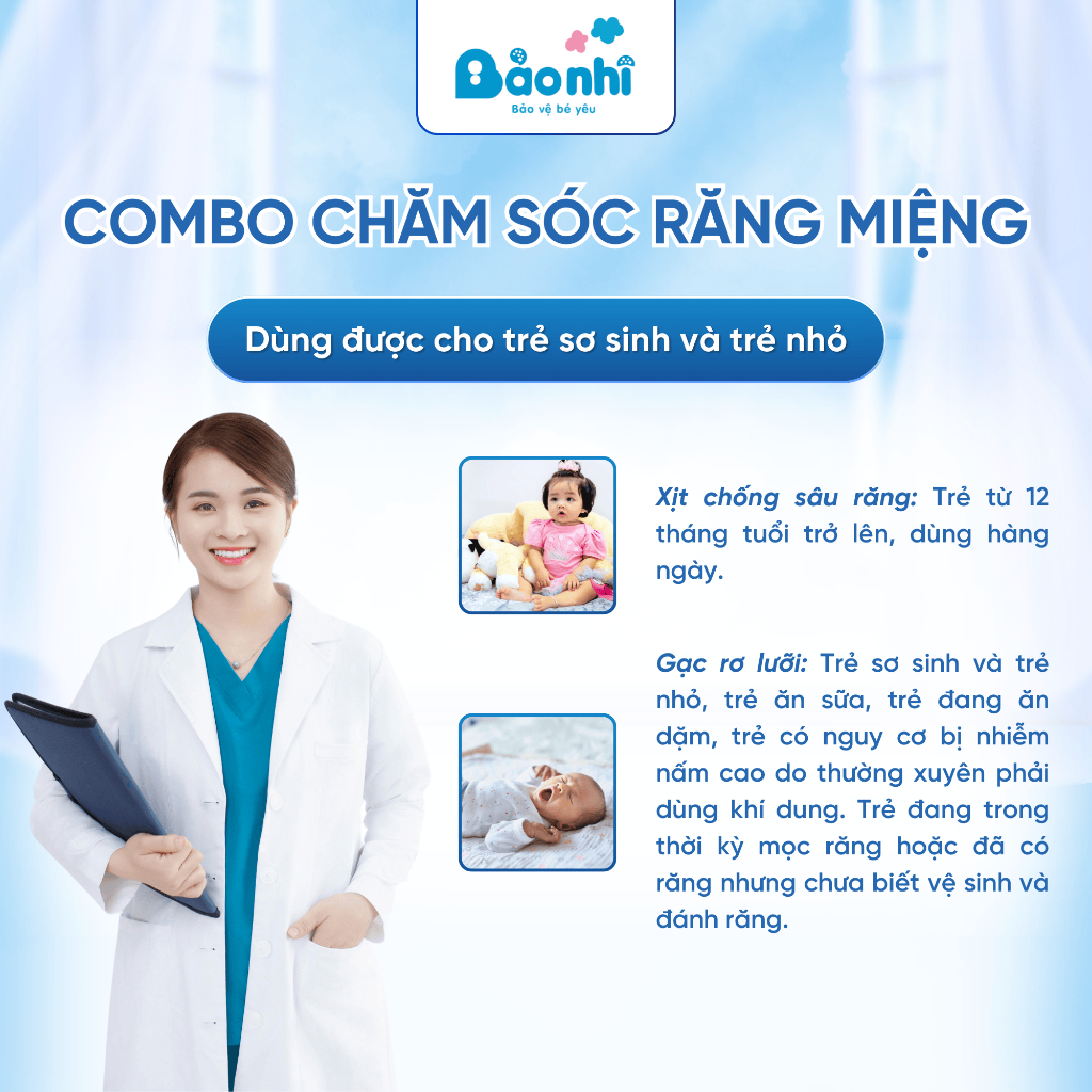 Combo Xịt Chống Chống Sâu Răng & Gạc Rơ Lưỡi Giúp Bé Ngăn Ngừa Sâu Răng Sạch Mảng Bám Giảm Hôi Miệng