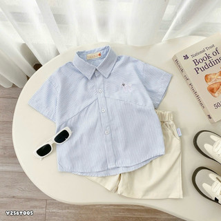 LCB01 Bộ sơ mi kẻ xanh thêu chú chó kèm quần kaki mềm mại phong cách Hàn Quốc cho bé trai