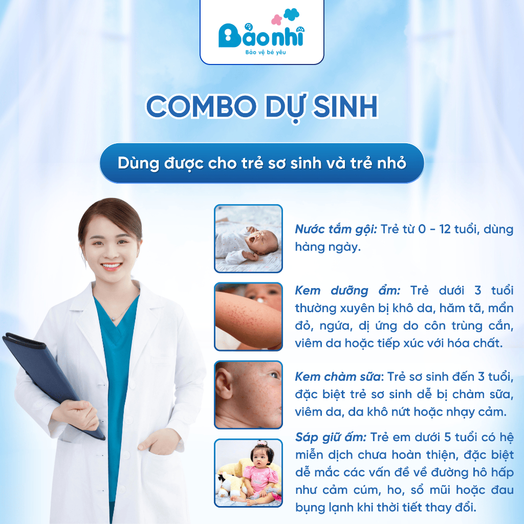 Combo Dự Sinh Chăm Sóc Bé Toàn Diện - Nước Tắm Gội Thảo Dược +Kem Dịu Da +Sáp Giữ Ẩm + Kem Chàm Sữa
