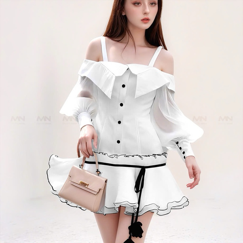 Ảnh Đầm dự tiệc MINA tay dài dáng xoè cách điệu xinh đẹp chất Taffta phối Tơ lụa màu trắng MN306 2