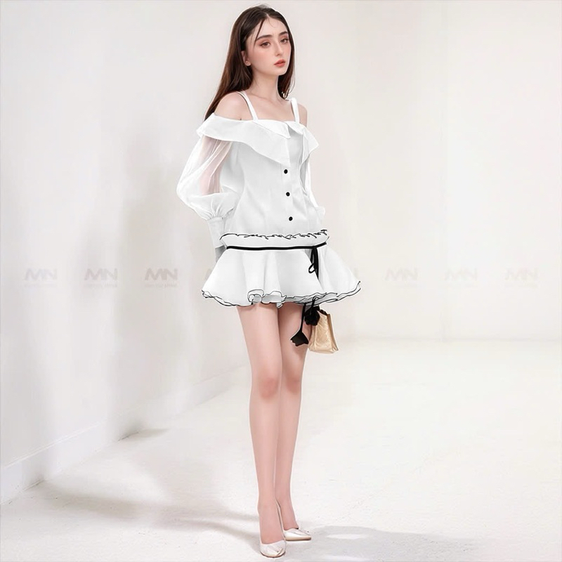 Ảnh Đầm dự tiệc MINA tay dài dáng xoè cách điệu xinh đẹp chất Taffta phối Tơ lụa màu trắng MN306 4