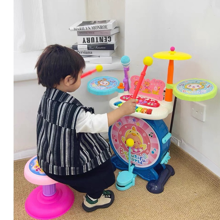 Bộ Trống Đồ Chơi Kèm Đàn Cho Bé Cỡ Lớn Nhiều Chức Năng Có Đèn Có Nhạc Mic - Đồ Chơi Cho Bé PUKAPI