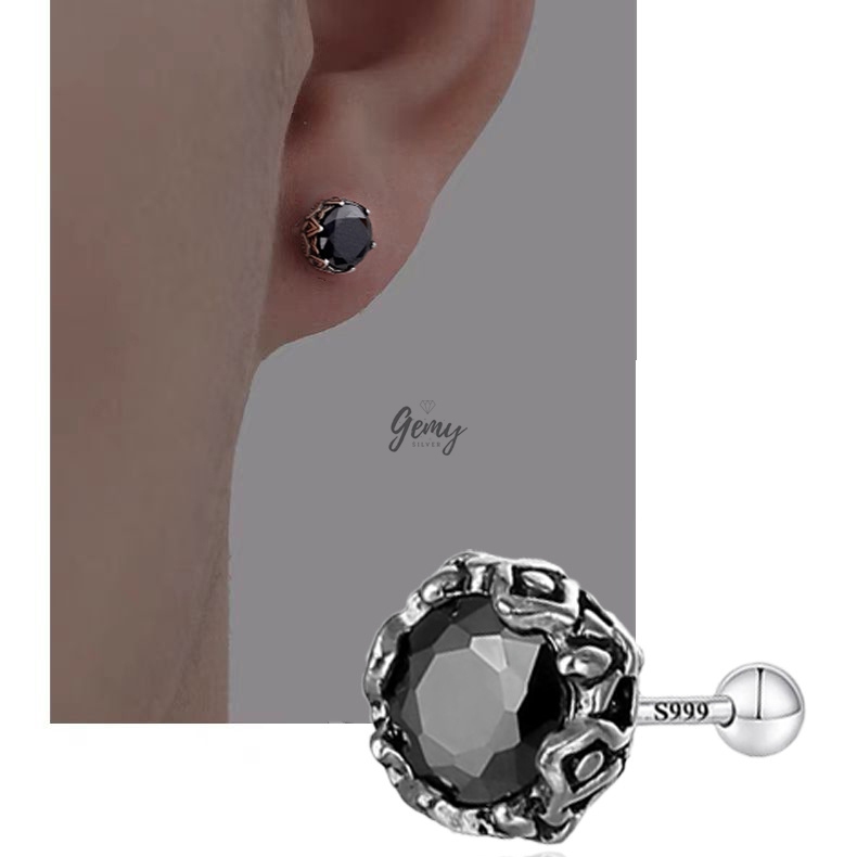 Khuyên tai nam thanh thẳng bạc S999 mặt nụ đá 3 màu Stephen cực ngầu (1 chiếc) | GEMY SILVER KN149