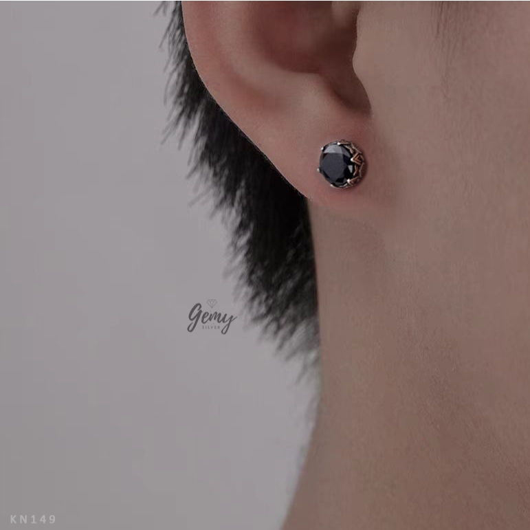 Khuyên tai nam thanh thẳng bạc S999 mặt nụ đá 3 màu Stephen cực ngầu (1 chiếc) | GEMY SILVER KN149