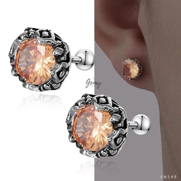 Khuyên tai nam thanh thẳng bạc S999 mặt nụ đá 3 màu Stephen cực ngầu (1 chiếc) | GEMY SILVER KN149