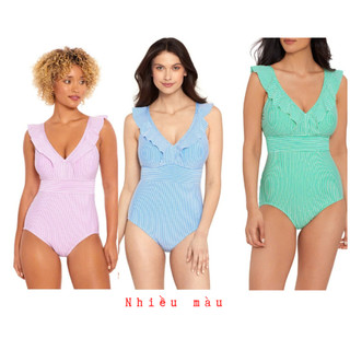 (Nhiều màu) Bộ đồ bơi nữ - bikini 1 mảnh kẻ sọc phối viền bèo nữ tính, có đệm ngực hàng VNXK cao cấp