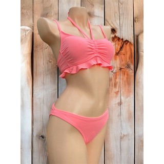 Bộ đồ bơi set bikini 2 mảnh màu hồng phối bèo dễ thương, có đệm ngực, lưng cài khóa, hàng VNXK sịn.