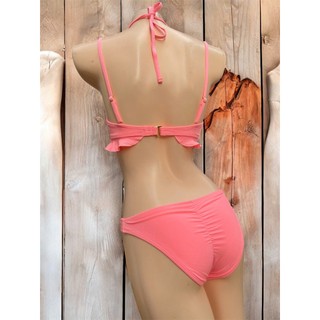 Bộ đồ bơi set bikini 2 mảnh màu hồng phối bèo dễ thương, có đệm ngực, lưng cài khóa, hàng VNXK sịn.