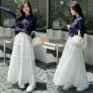 Chân váy dáng dài 4 tầng tiểu thư trắng đen chất voan có quần bảo hộ