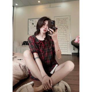 Set Bộ Đồ Pyjama Đồ Ngủ Nữ Kẻ Caro Đỏ Áo Ngắn Tay Cổ Sen Dây Nơ Viền Gấu Ren Mix Quần Sooc Đùi Viền Bèo