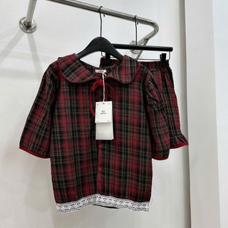 Set Bộ Đồ Pyjama Đồ Ngủ Nữ Kẻ Caro Đỏ Áo Ngắn Tay Cổ Sen Dây Nơ Viền Gấu Ren Mix Quần Sooc Đùi Viền Bèo
