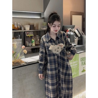 Váy Sơ Mi Kẻ Caro Xanh Than Chó Xù Lông Đính Nổi Đầm Sơ Mi Dáng Thụng Dài Freesize Form Rộng