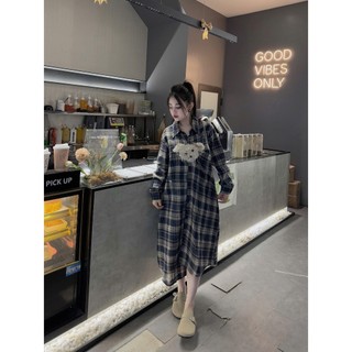 Váy Sơ Mi Kẻ Caro Xanh Than Chó Xù Lông Đính Nổi Đầm Sơ Mi Dáng Thụng Dài Freesize Form Rộng