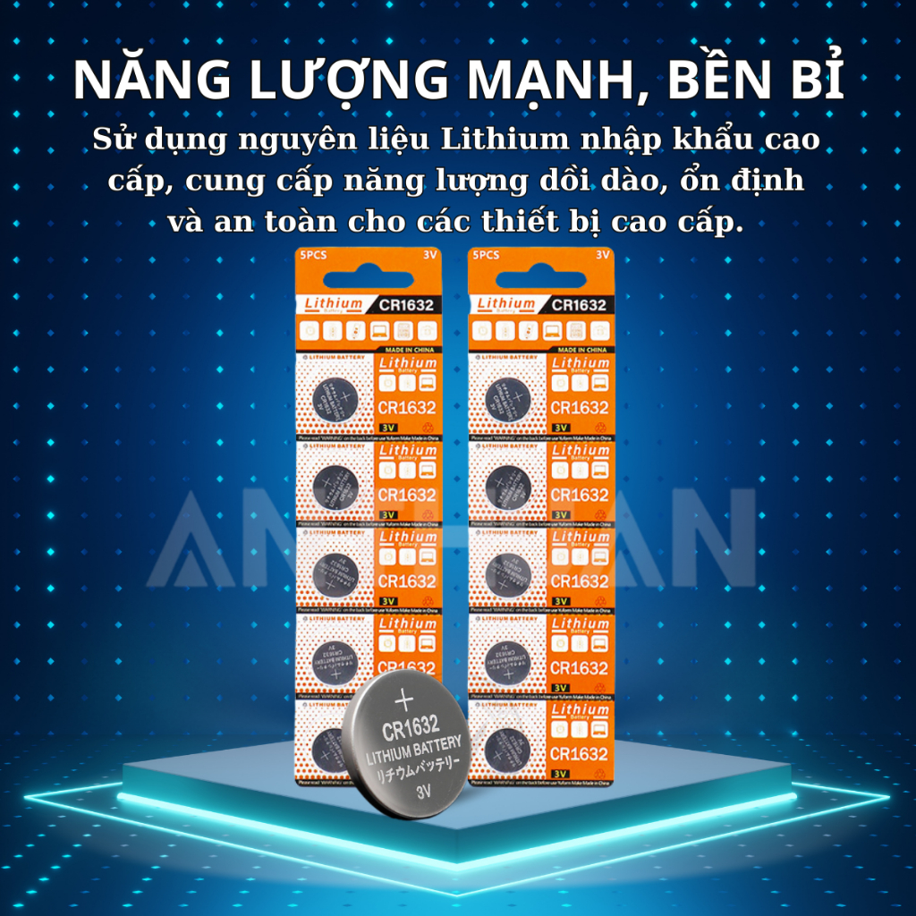Vỉ 5 Pin Cúc áo CR1632 3V pin chất lượng giá rẻ cho Cảm biến Áp xuất lốp Smartkey thiết bị y tế