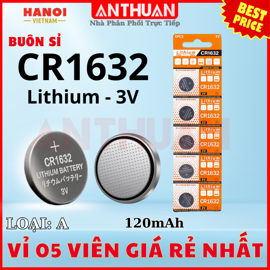Vỉ 5 Pin Cúc áo CR1632 3V pin chất lượng giá rẻ cho Cảm biến Áp xuất lốp Smartkey thiết bị y tế