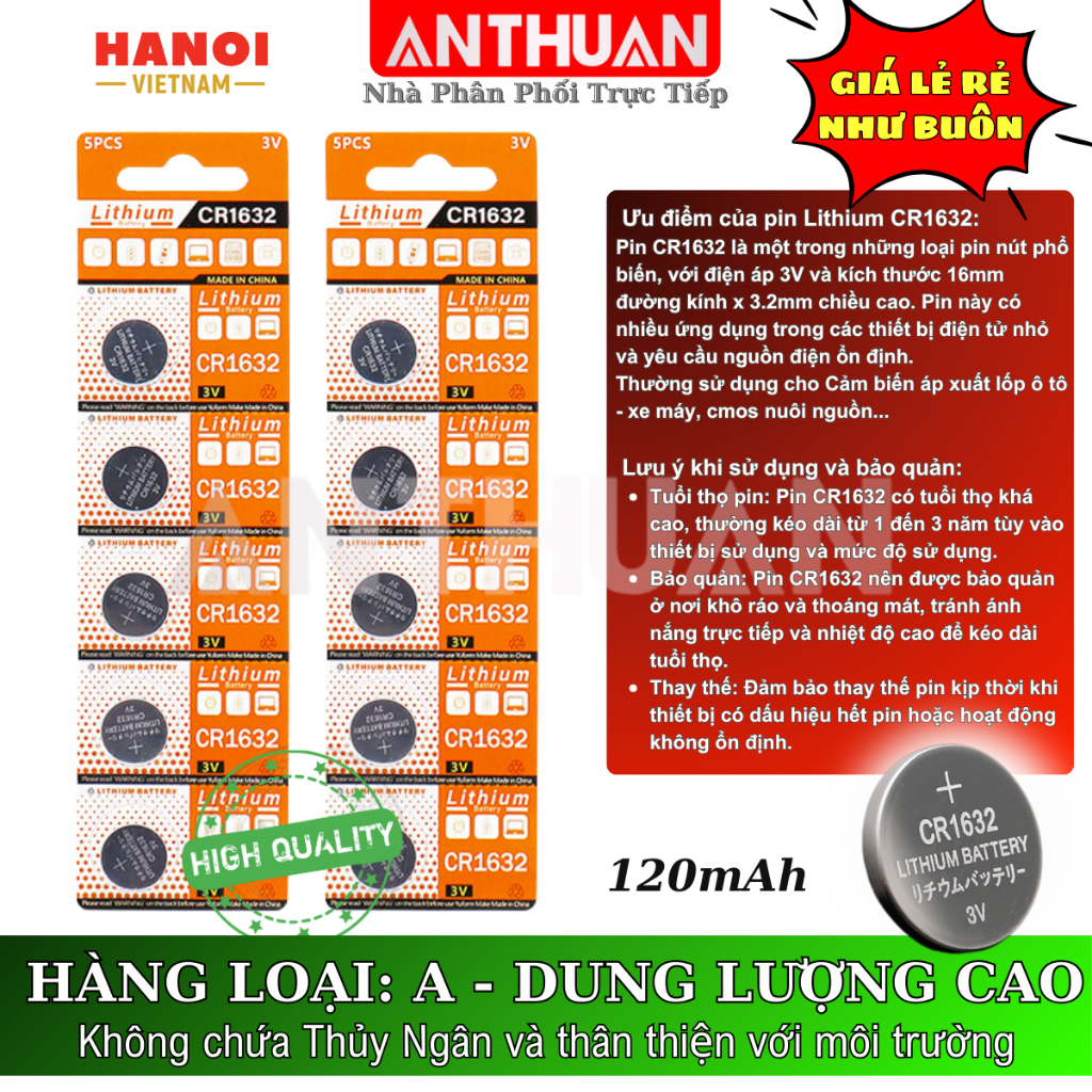 Vỉ 5 Pin Cúc áo CR1632 3V pin chất lượng giá rẻ cho Cảm biến Áp xuất lốp Smartkey thiết bị y tế