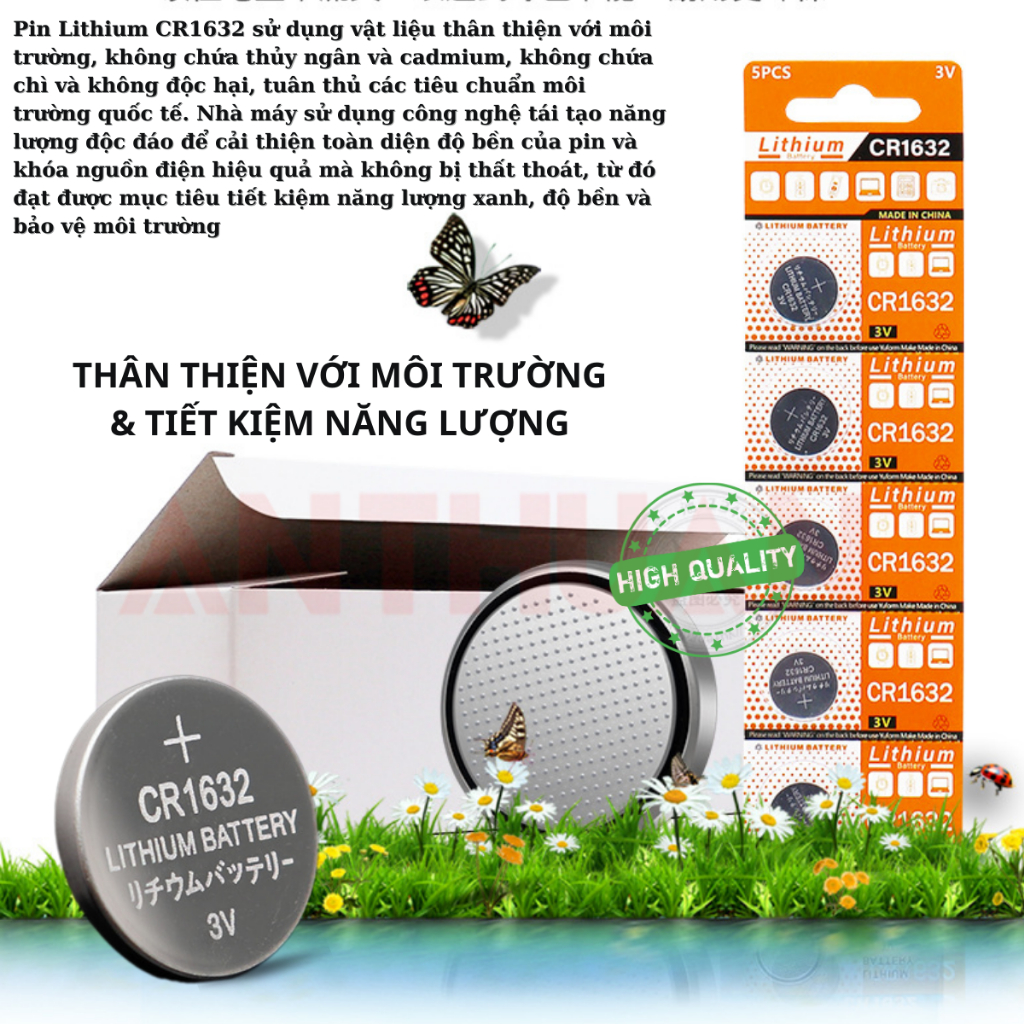 Vỉ 5 Pin Cúc áo CR1632 3V pin chất lượng giá rẻ cho Cảm biến Áp xuất lốp Smartkey thiết bị y tế