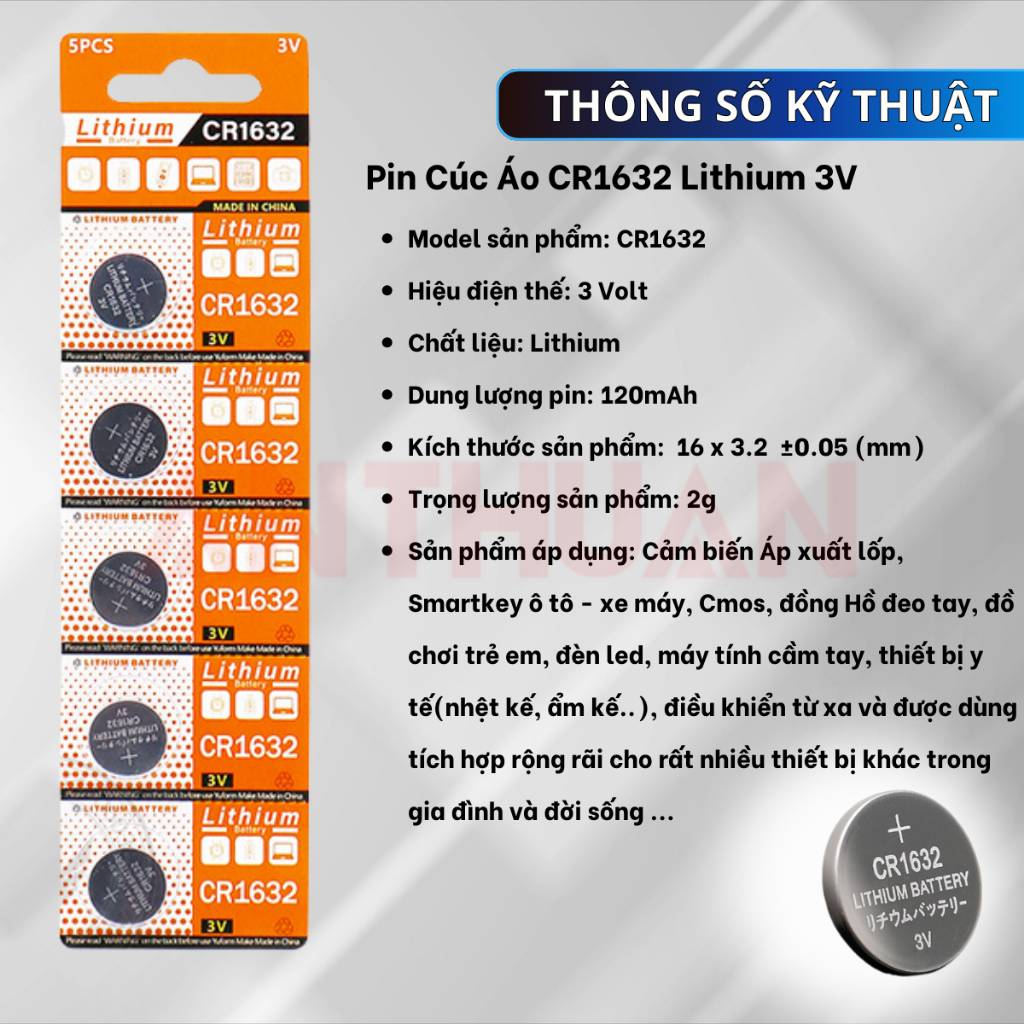 Vỉ 5 Pin Cúc áo CR1632 3V pin chất lượng giá rẻ cho Cảm biến Áp xuất lốp Smartkey thiết bị y tế
