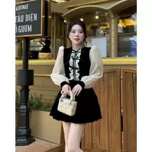 🍷SP020146 ĐẦM XẾP LY 3 NƠ PHỐI REN LƯỚI (KHÁCH LƯU Ý ĐẦM NÀY LỚP LƯỚI XUYÊN THẤU - PHẢI MẶC KÈM BRA NẾU KHÔNG THÍCH HỞ)