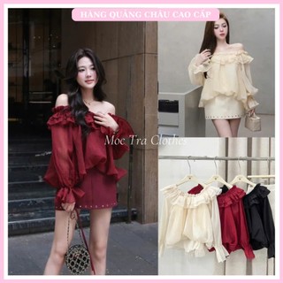 Set áo váy trễ vai tơ Loại 1 thiết kế áo viền bèo tơ và chân váy tacta dáng ngắn chữ A siêu xinh