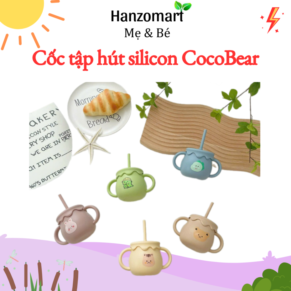 Cốc Tập Uống Nước Silicon Cocobear Cho Bé Có Chức Năng Đẩy Nắp Đậy Tiện Lợi, Cốc Tập Hút Cho Bé