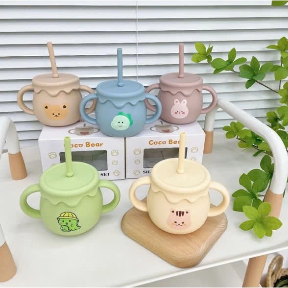 Cốc Tập Uống Nước Silicon Cocobear Cho Bé Có Chức Năng Đẩy Nắp Đậy Tiện Lợi, Cốc Tập Hút Cho Bé