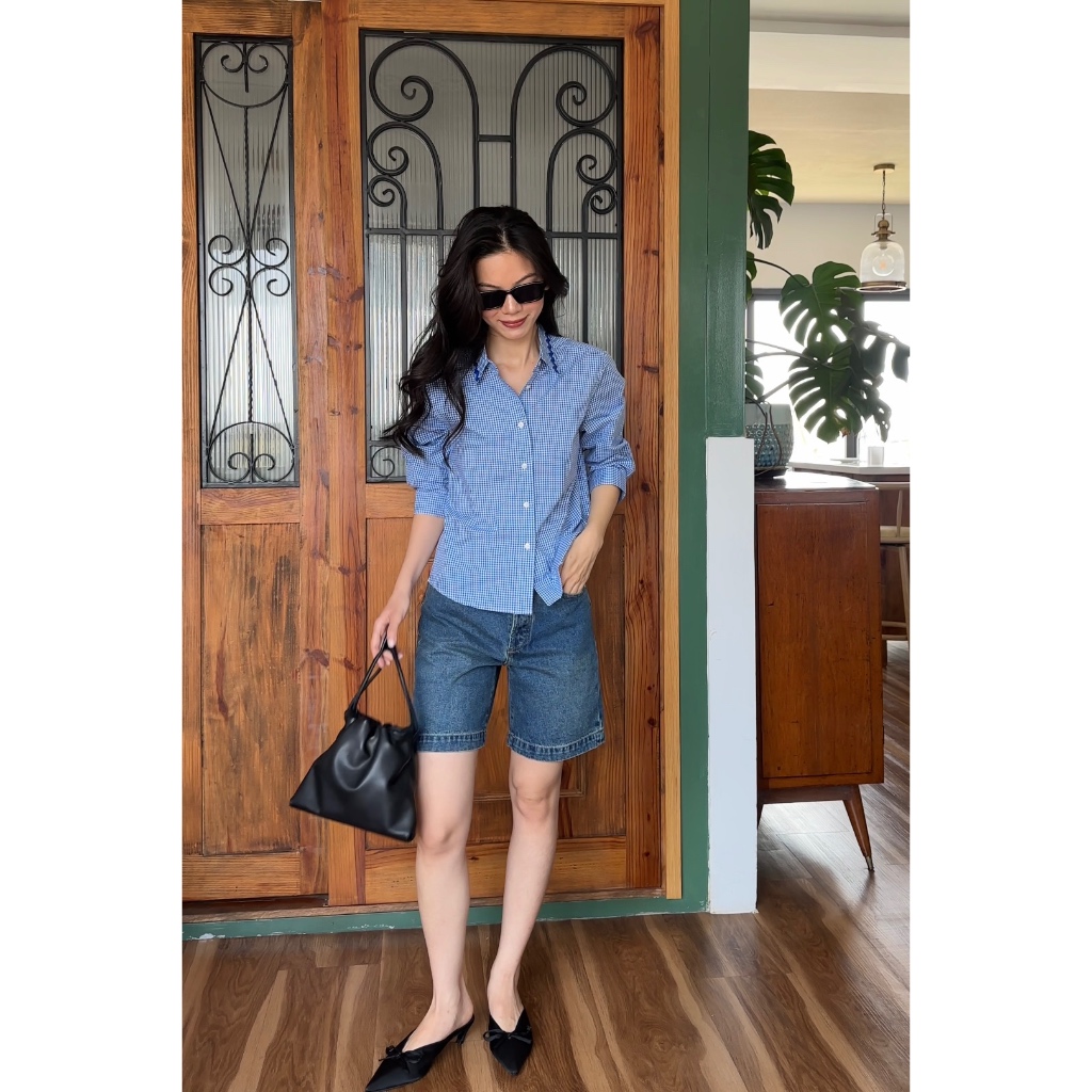 TheBlueTshirt - Áo sơ mi kẻ sọc caro tay lửng phồng nhẹ cổ viền zigzag lace cho nữ - Checked Treasure Shirt - Women