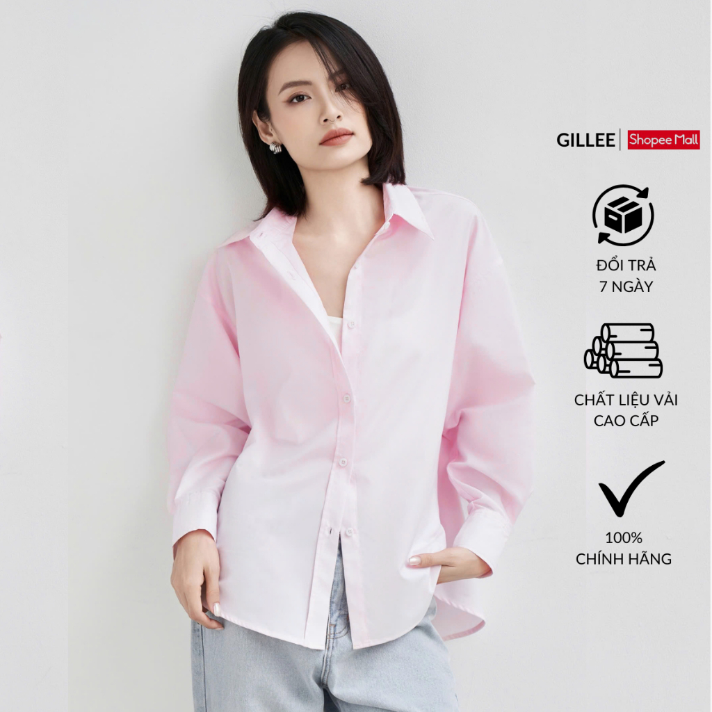 Ảnh Áo sơ mi nữ GILLEE dáng oversized, sơ mi form rộng vải kate Mỹ Hồng pastel chống nhăn tốt FAS293 1