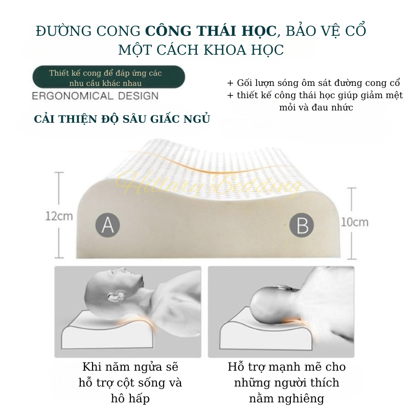 Gối cao su thiên nhiên chống đau mỏi cổ vai gáy, thoáng khí, bảo vệ giấc ngủ kích thước 30x50,35x55, 40x60