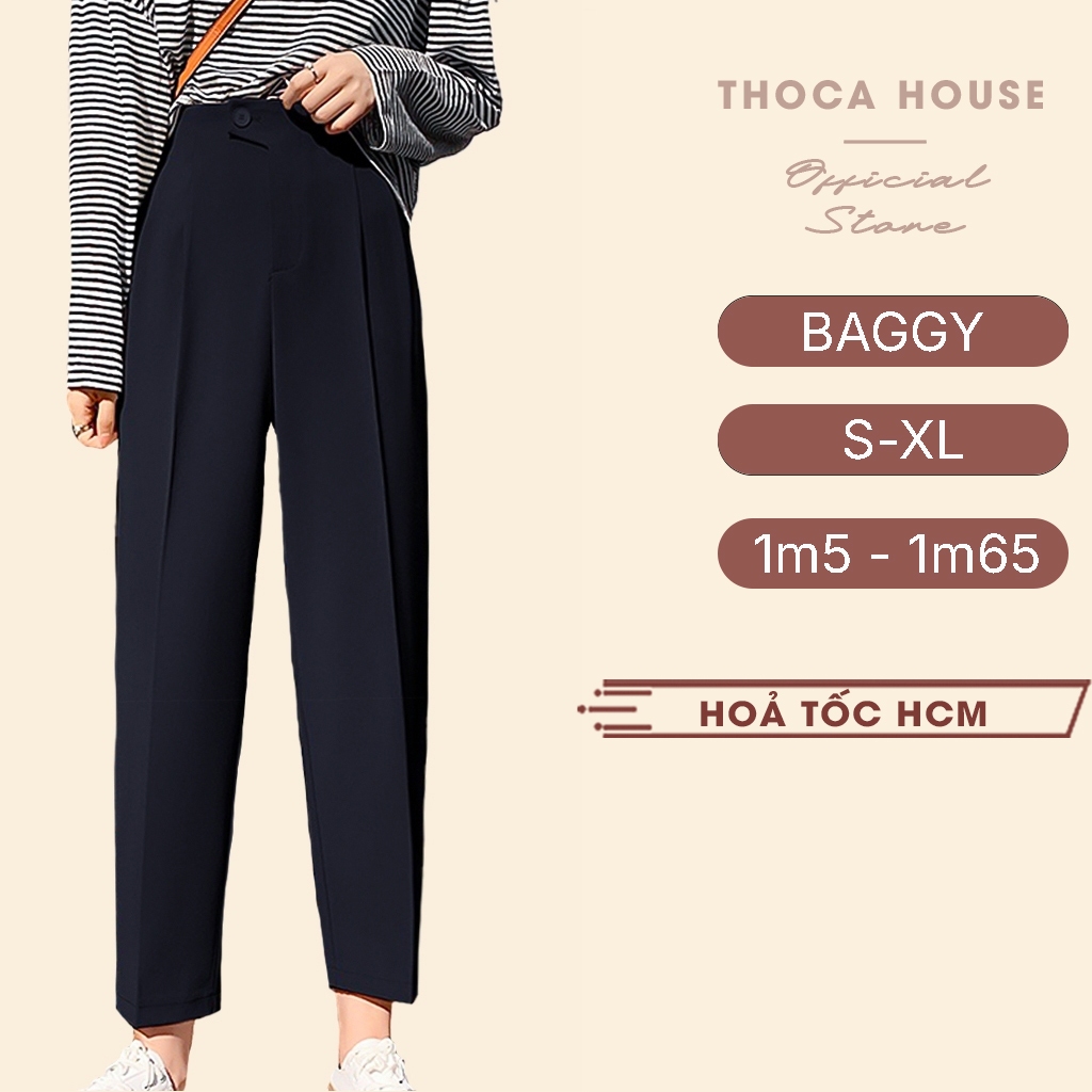 Ảnh Quần tây nữ baggy công sở lưng thun nút lệch THOCA HOUSE trơn đen, quần baggy nữ chuẩn form tôn chân 1