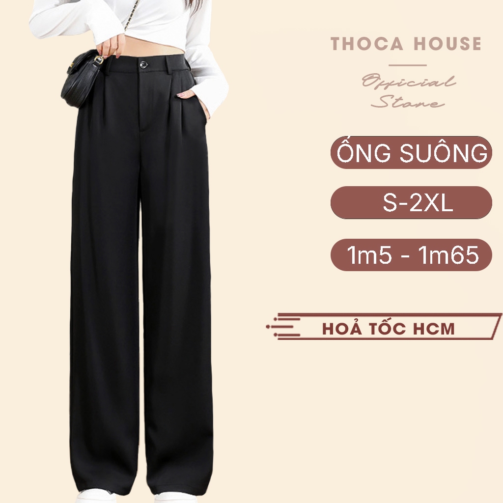 Ảnh Quần tây nữ ống suông lưng thun sau trơn đen THOCA HOUSE quần ống rộng tôn dáng thoải mái công sở 1