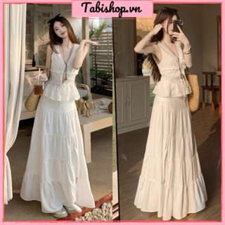 Set áo kiểu sát nách thắt nơ ngực phối chân váy dài xẻ tà màu trắng TABISHOP Set đồ nữ dễ thương mặc đi biển đi chơi(71)