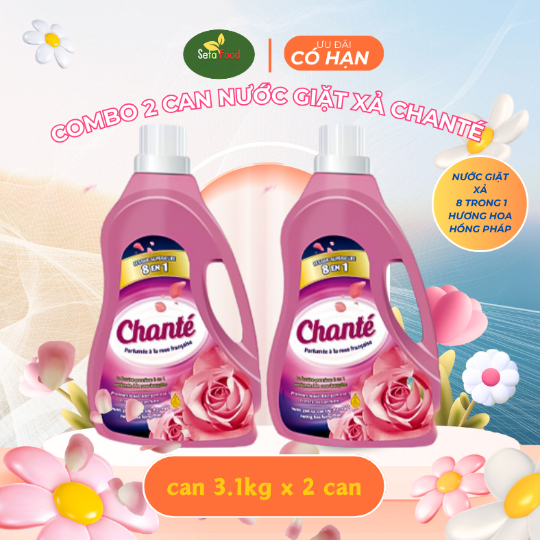 Combo 2 Can Nước Giặt Xả Chante 8 Trong 1 - Hương Hoa Hồng Pháp - Dung Tích 3 Lít x 2 Can