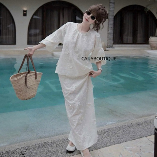 “Danya Set” Set ren hoa nổi cao cấp : Áo cổ tròn tay dài bồng kèm chân váy dài xoè tiểu thư sang chảnh | MIU.STUDIO