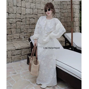 “Danya Set” Set ren hoa nổi cao cấp : Áo cổ tròn tay dài bồng kèm chân váy dài xoè tiểu thư sang chảnh | MIU.STUDIO