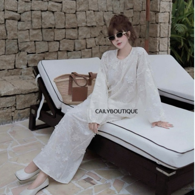 “Danya Set” Set ren hoa nổi cao cấp : Áo cổ tròn tay dài bồng kèm chân váy dài xoè tiểu thư sang chảnh | MIU.STUDIO