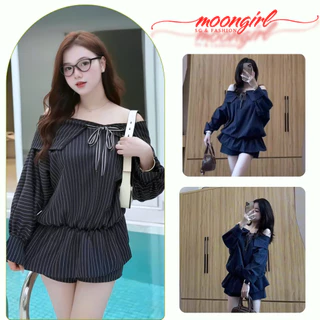 Set Đồ Nữ - Set Váy Trễ Vai Tay Bồng Kẻ Sọc Mix Với Quần Short Chất Đũi Phong Cách Ngọt Ngào Moongril G191