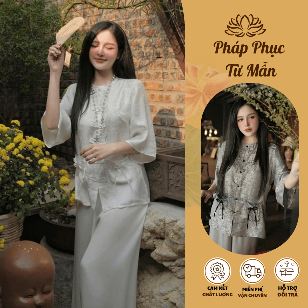 Bộ đi chùa cổ tròn túi tiền nơ lụa gấm Pháp phục đi lễ tiểu thư sang trọng Đồ lam nữ cách tân gấm vân hoa mềm mịn
