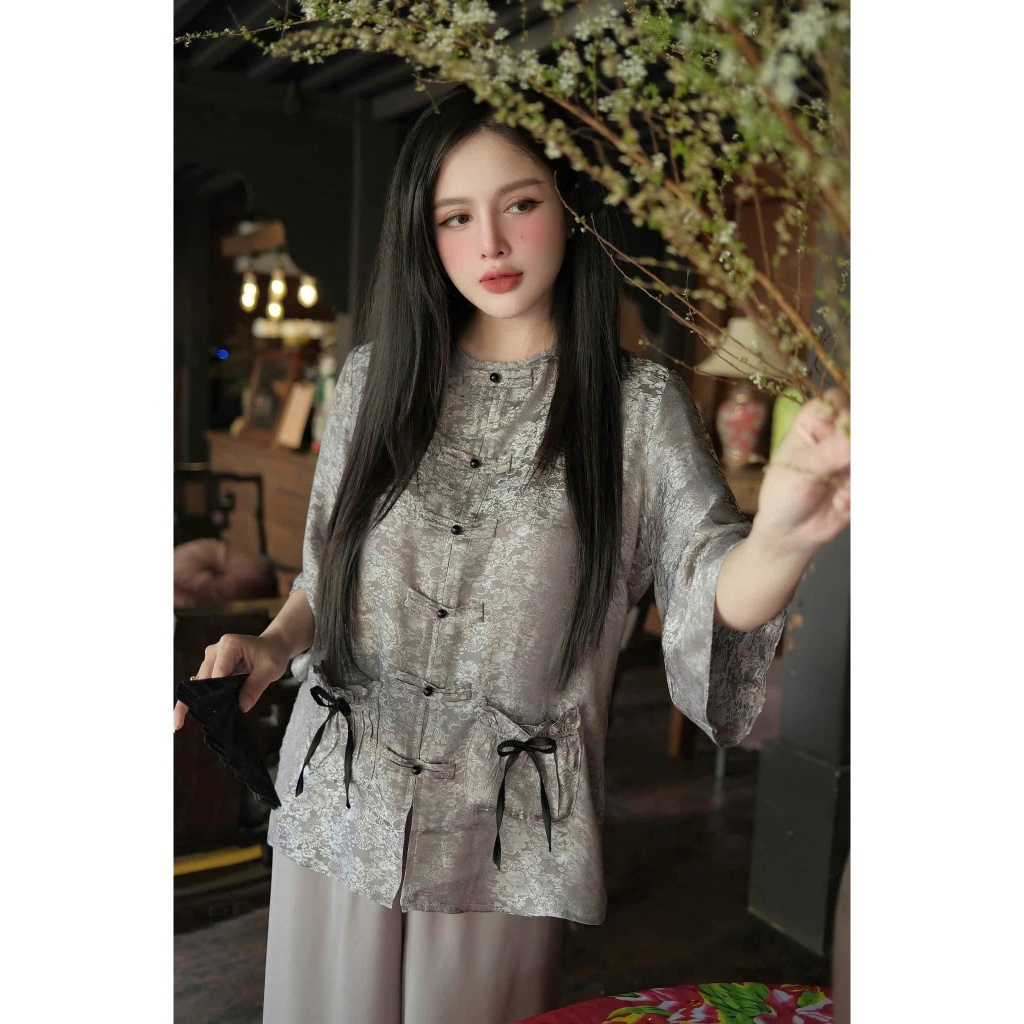 Bộ đi chùa cổ tròn túi tiền nơ lụa gấm Pháp phục đi lễ tiểu thư sang trọng Đồ lam nữ cách tân gấm vân hoa mềm mịn