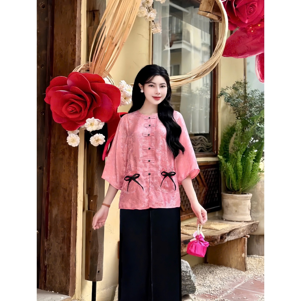 Bộ đi chùa cổ tròn túi tiền nơ lụa gấm Pháp phục đi lễ tiểu thư sang trọng Đồ lam nữ cách tân gấm vân hoa mềm mịn
