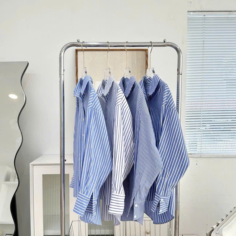 Áo Sơ Mi Nữ Kẻ Sọc Xanh Nhiều Kiểu Dáng Oversize Chất Thô Cotton Thấm Hút Mồ Hôi,Phong Cách(Có Sẵn - Sỉ)